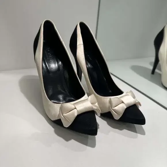 J.Crew Black Cream Two-Tone Stiletto Heel Bow Pointed Toe Pumps 8.5 - Picture 1 of 12